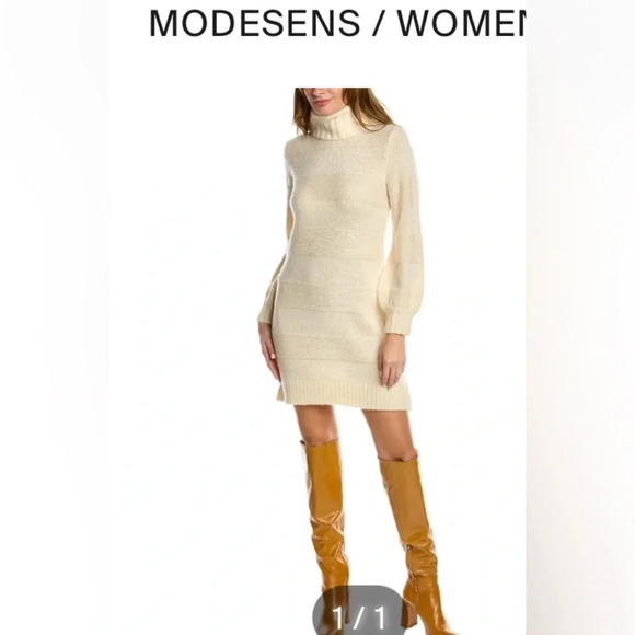 Trina Turk Fosse Wool Blend Sweater Dress with Turtleneck and Balloon Sleeves - Picture 1 of 6